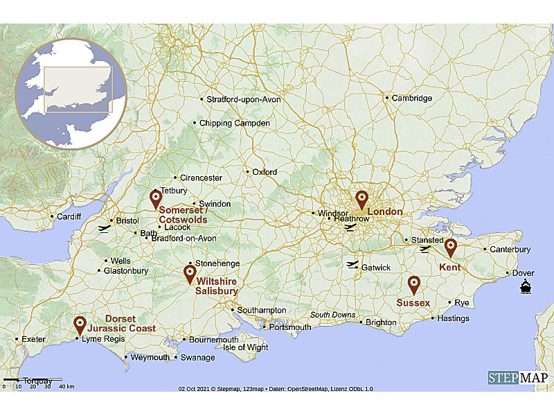 Karte 5 Grafschaften London Kent Sussex Dorset Wiltshire Somerset Cotswolds Reise Route