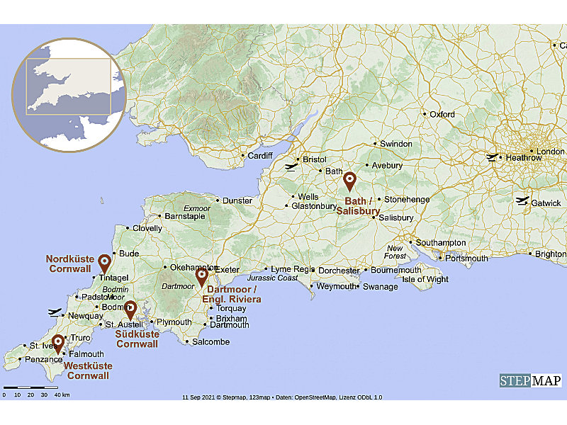 Karte Gartenreise Cornwall Südengland Route