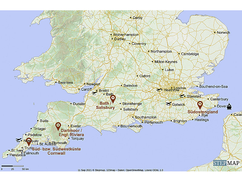 Karte Historisches Suedengland Cornwall Reise Route