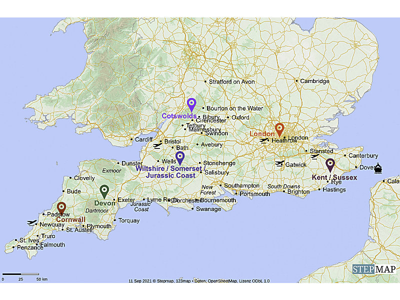 Karte London Cornwall Devon Cotswolds Kent Sussex Bath Salisbury JurassicCoast Reise Route
