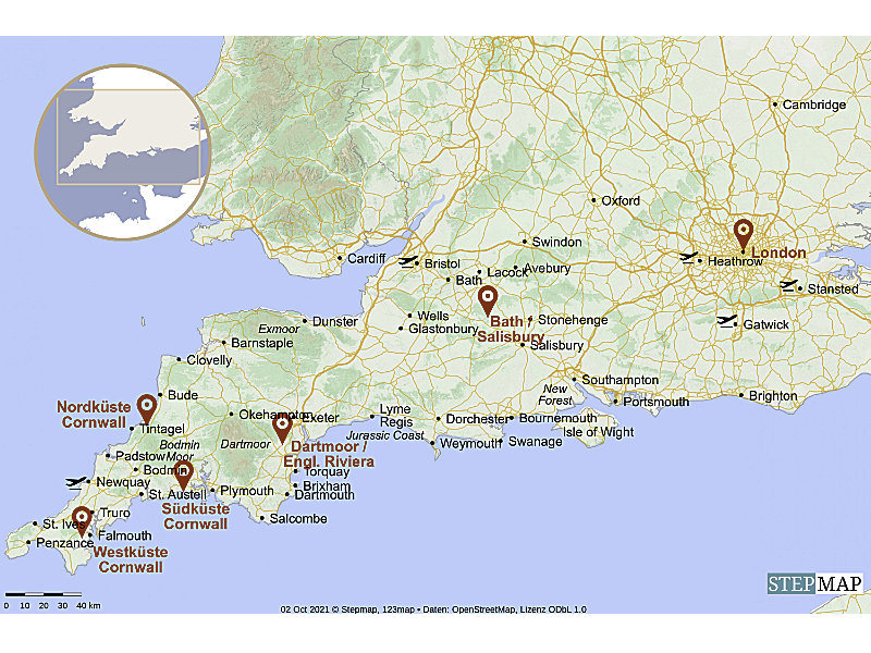 Karte Romantische Hochzeitsreise Cornwall Südengland Honeymoon