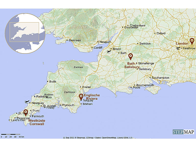 Karte Zugreise Cornwall Suedengland Route