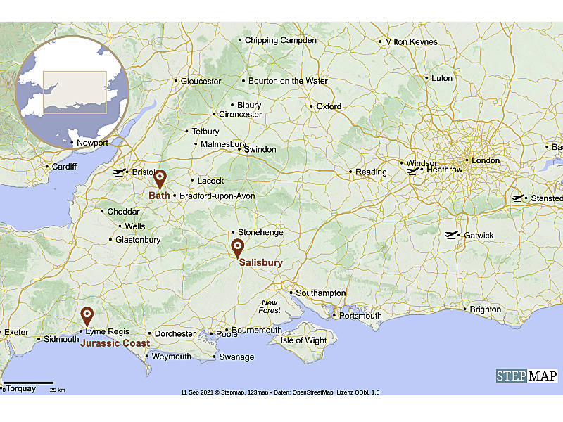 Karte Suedengland Reise - Bath Salisbury Jurassic Coast